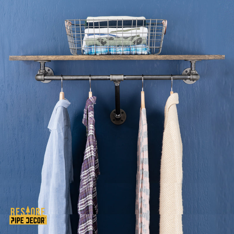 Perchero de pared de 24 pulgadas con estante de madera, color marrón
