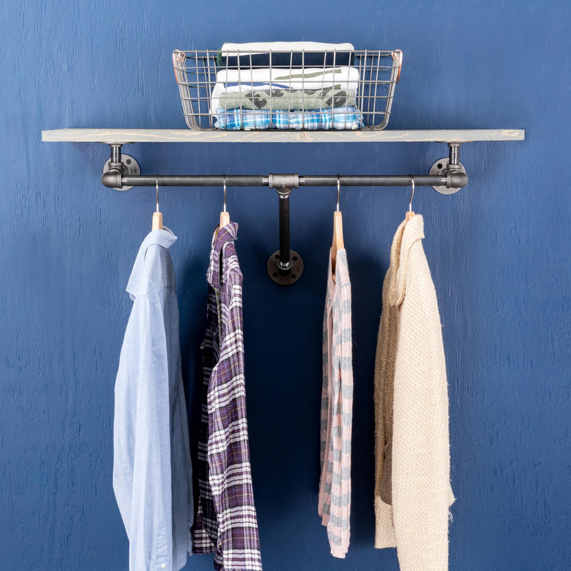 Portant à vêtements mural de 36 po avec étagère en bois, gris Riverstone