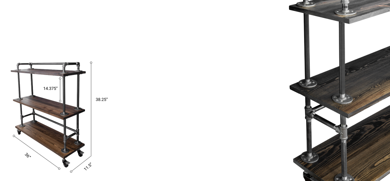 Threetier Wood Shelf Industrial Bar Cart with Locking Wheels, Trail B