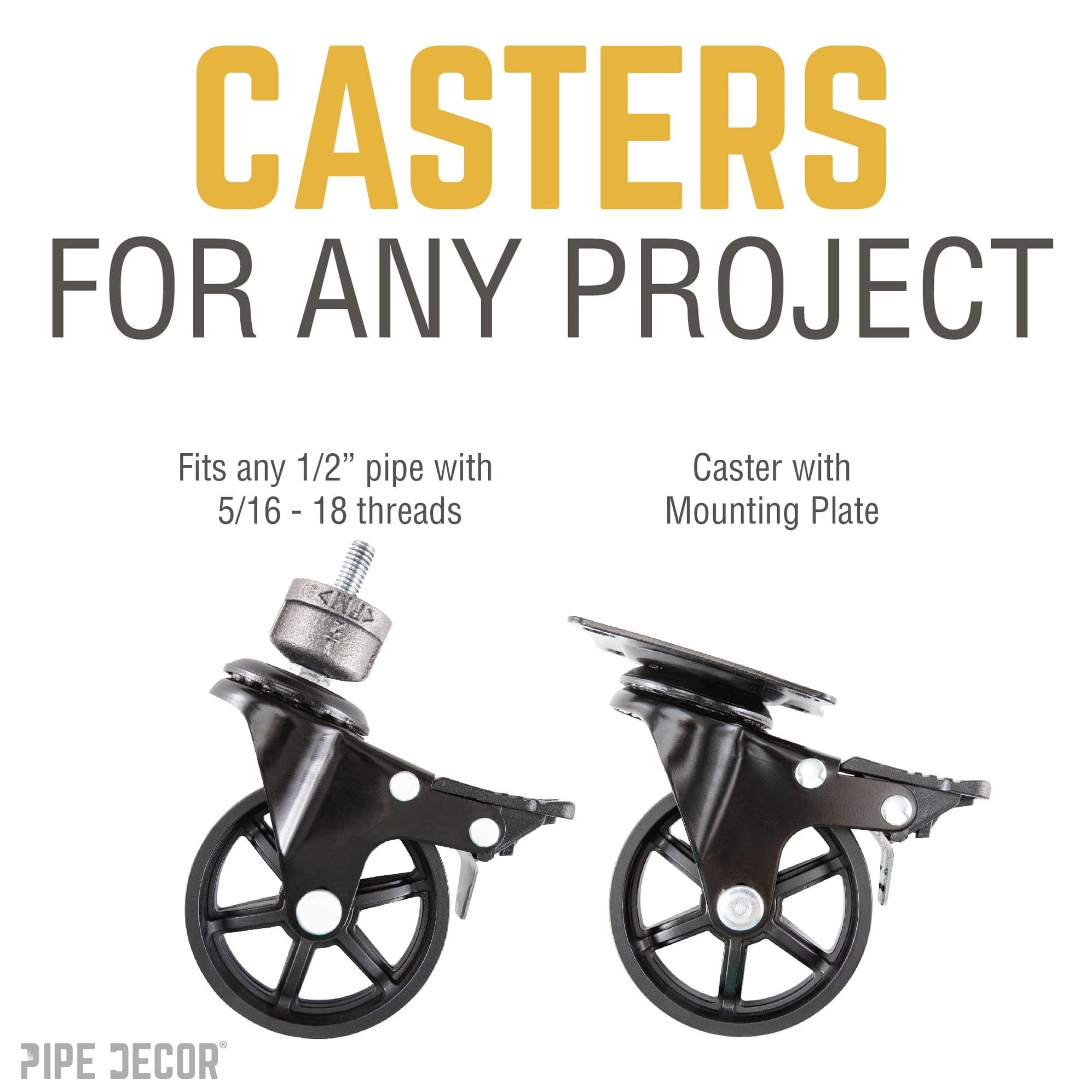 Swivel Caster Wheels for ½” Pipe with Locking Mechanism (4Pack) — PIPE