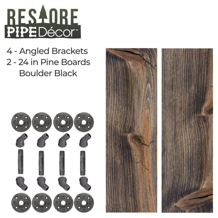 Restore Boulder Black 24 in. Shelves with Angled Brackets - Pipe Decor