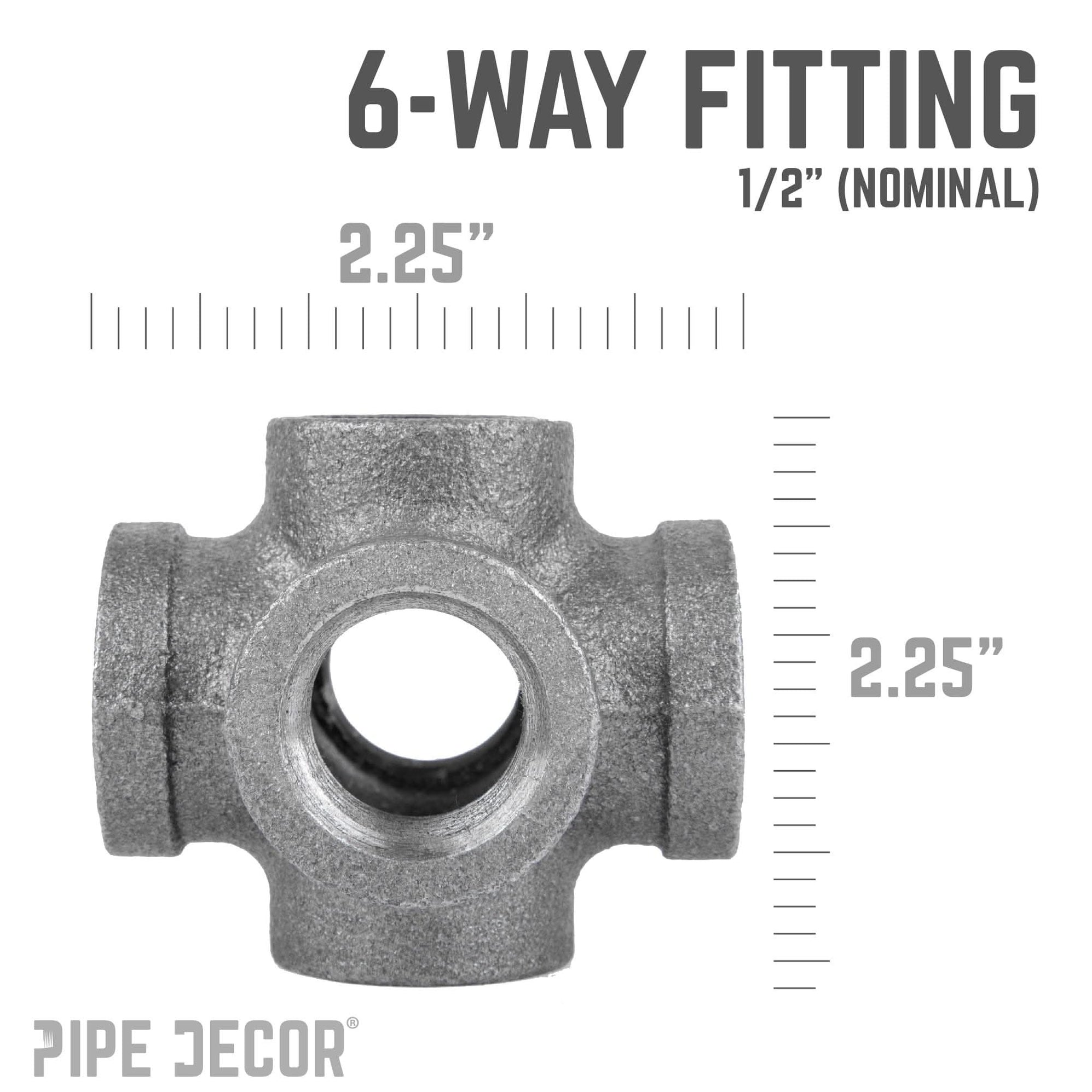 1/2 in. Black 6-Way Fitting — PIPE DECOR