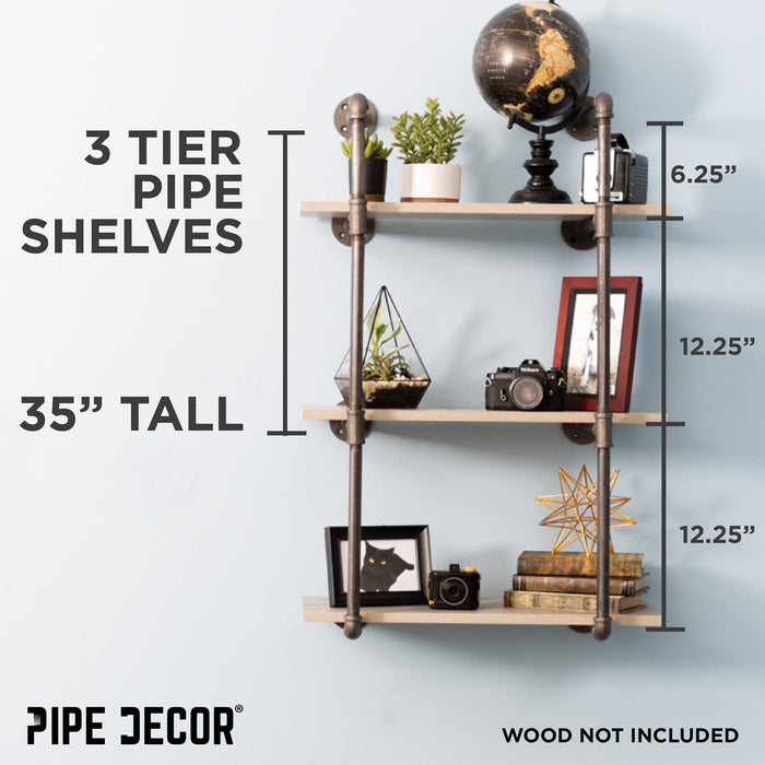 Pipe Decor 1/2 in. x 11.75 in. D x 35 in. H Black Steel Pipe Wall Mounted 3-Tier Shelf Kit