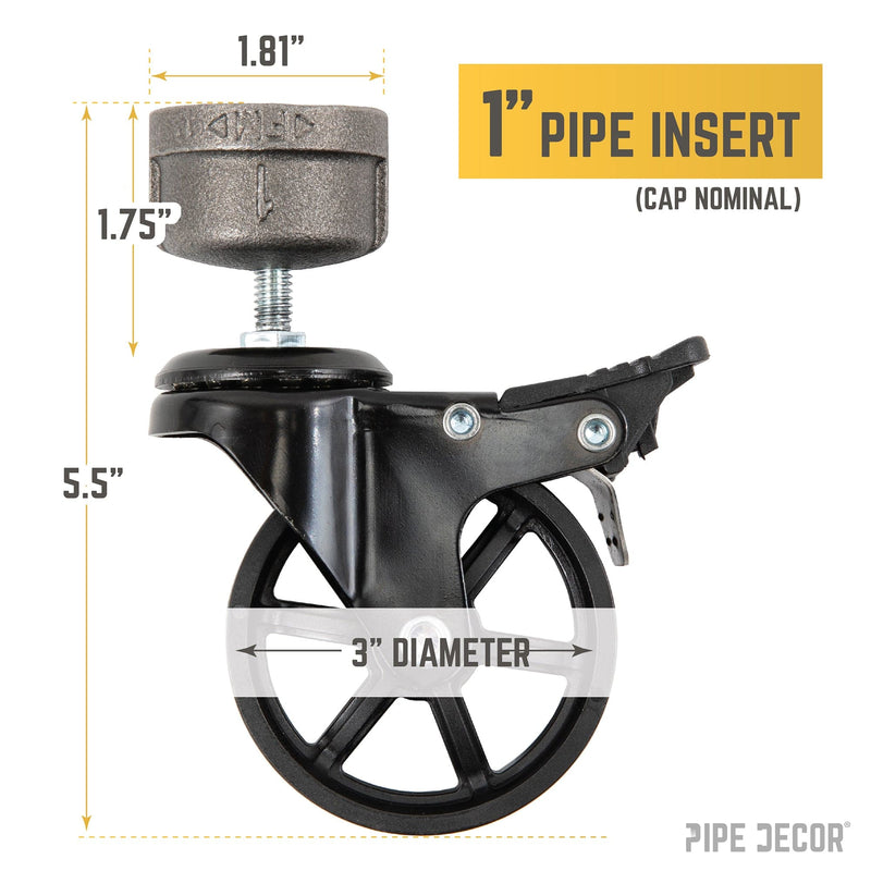 Swivel Caster Wheels for  1” Pipe with Locking Mechanism (4-Pack)