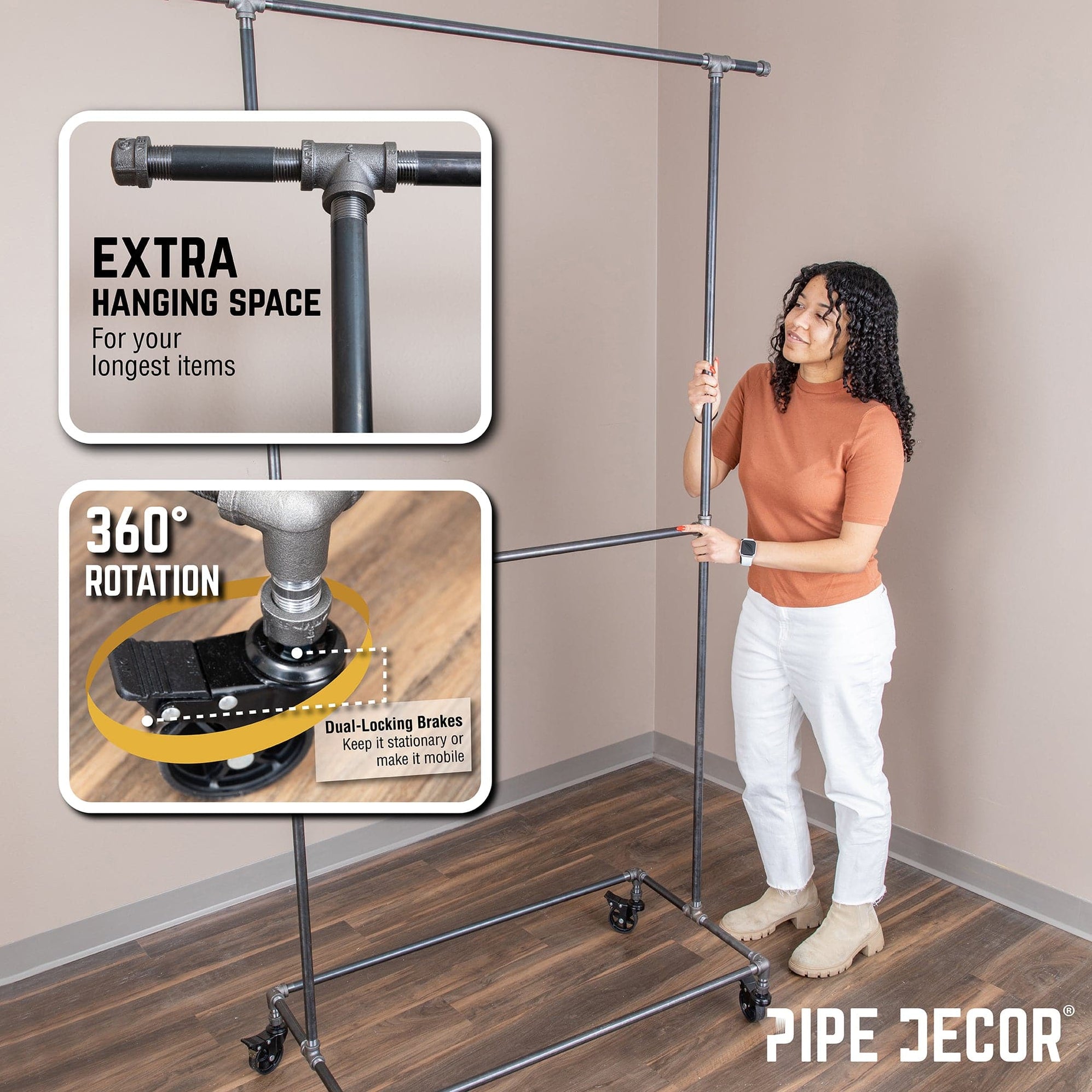 82 in. Rolling Double Rod Clothing Rack — PIPE DECOR