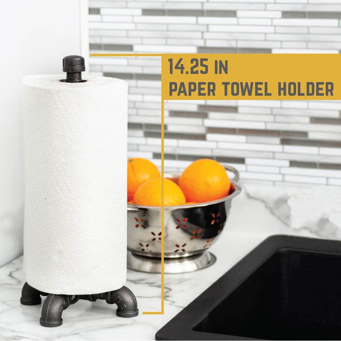 Weathered Gray Wood and Black Industrial Pipe Paper Towel Roll Holder Dispenser with Shelf, Wall Mounted or Countertop