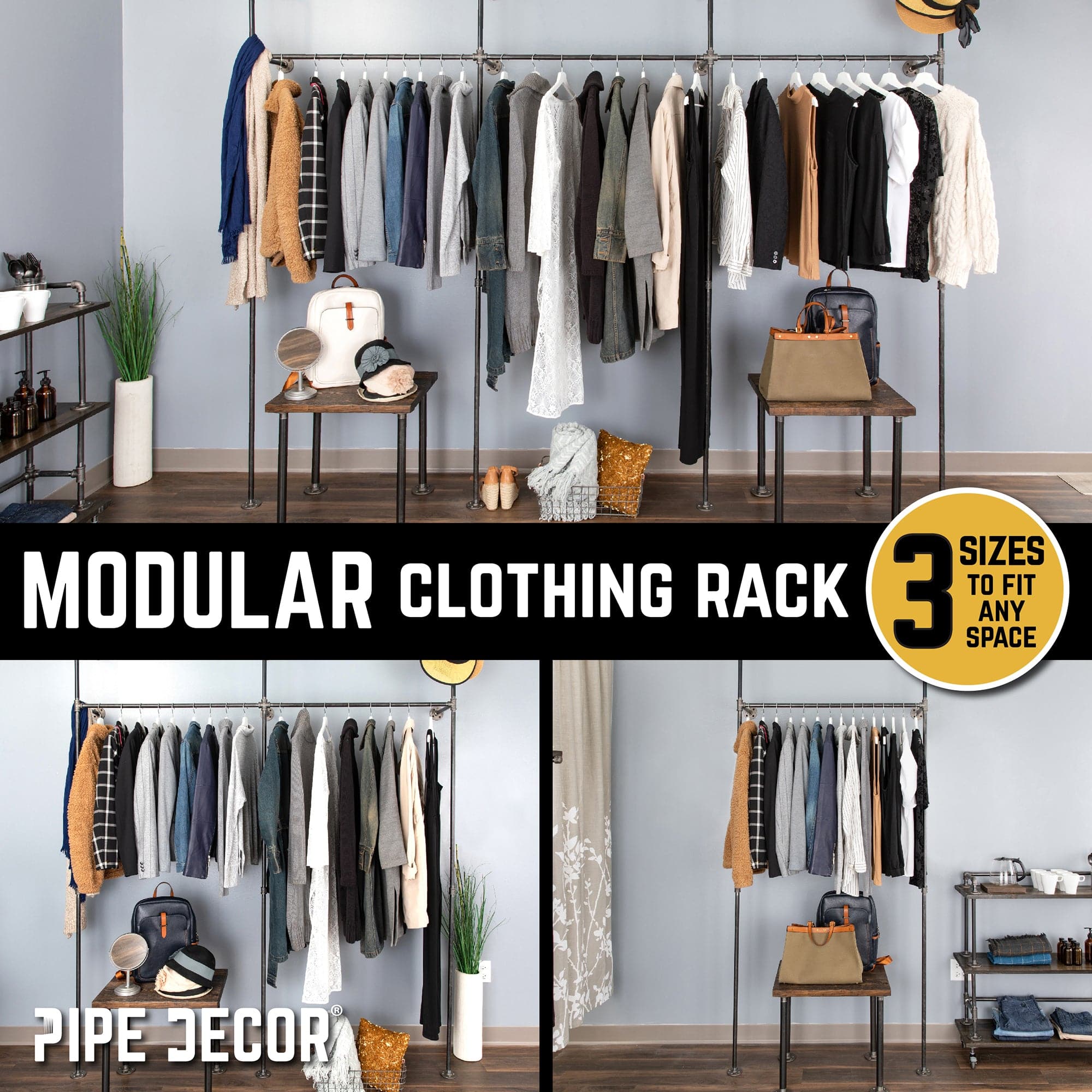 115 in. Wall Mounted Clothing Rack, Triple — PIPE DECOR