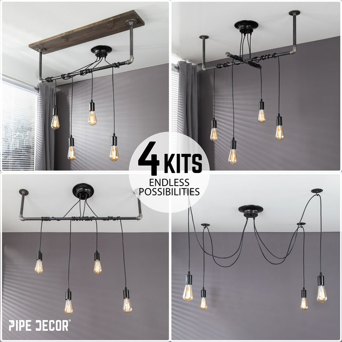Black Spider Pendant Light Kit with Pipe Bar Hanging Accessory and 4 Adjustable Arms
