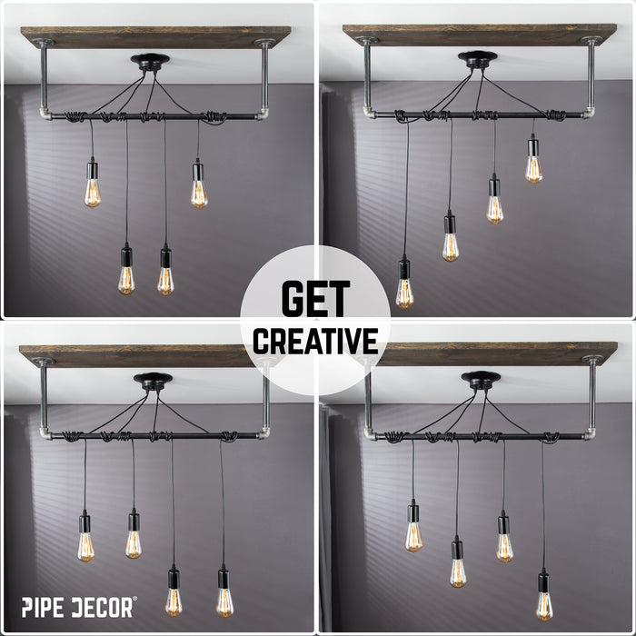 Black Spider Pendant Light Kit with Wood and Pipe Bar Hanging Accessory and 4 Adjustable Arms
