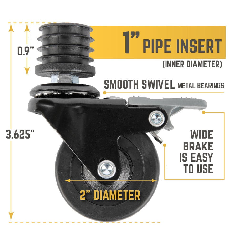 Swivel Caster Wheels for 1” Pipe with Locking Mechanism (4-Pack) — PIPE ...