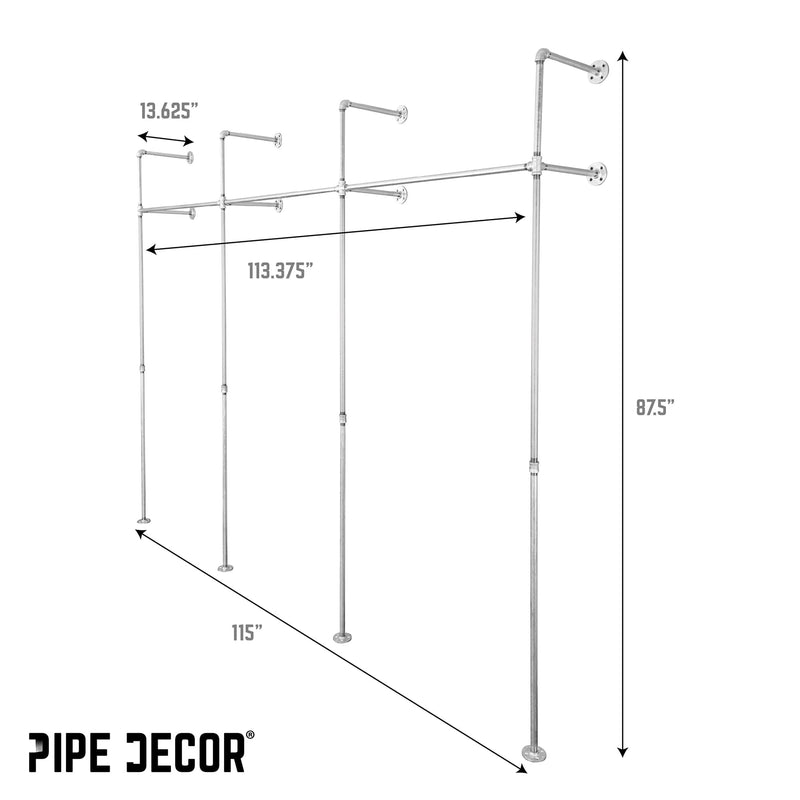 115 in. Galvanized Wall Mounted Clothing Rack, Triple