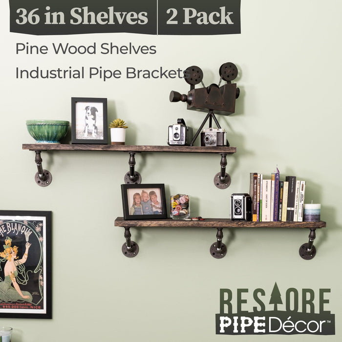 Restore Boulder Black 36 in. Shelves with Angled Brackets - Pipe Decor
