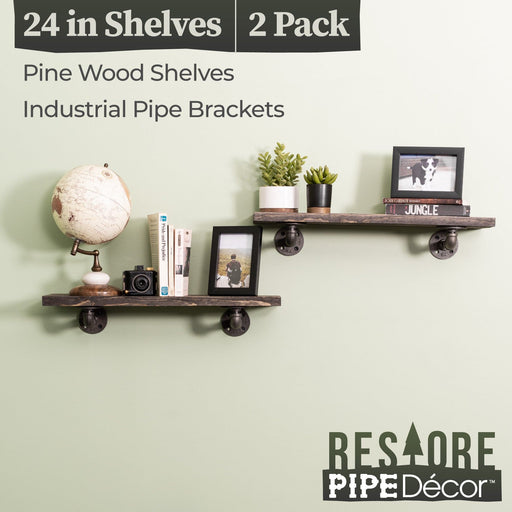 Restore Boulder Black 24 in. Shelves with L-Shaped Brackets - Pipe Decor