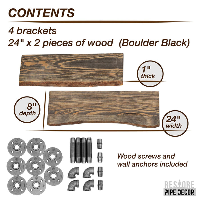 24” Boulder Black Live Edge Wood Shelf with L-Shaped Pipe Brackets (2-Pack)