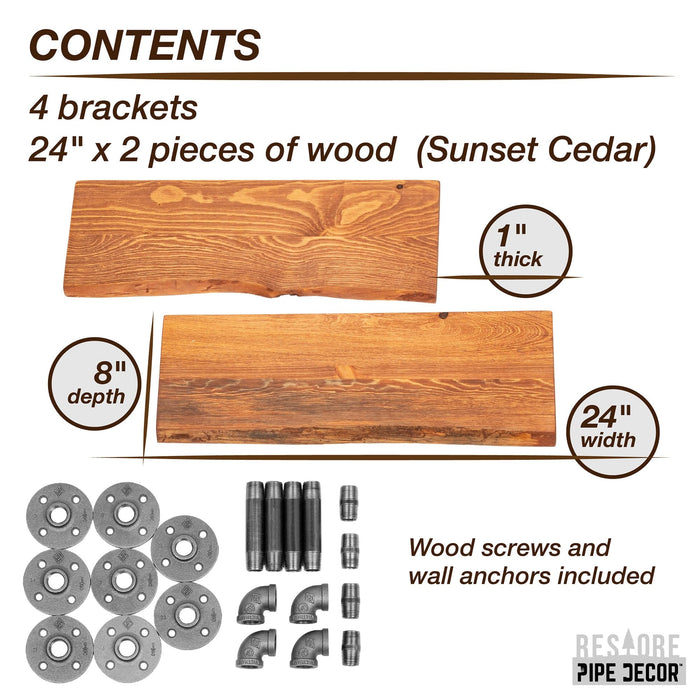 24” Sunset Cedar Live Edge Wood Shelf with L-Shaped Pipe Brackets (2-Pack)