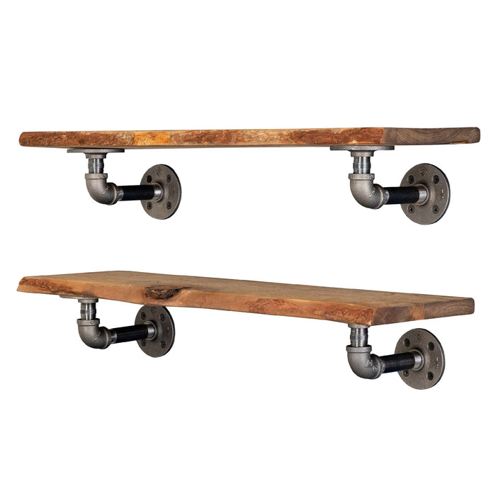 24” Trail Brown Live Edge Wood Shelf with L-Shaped Pipe Brackets (2-Pack)