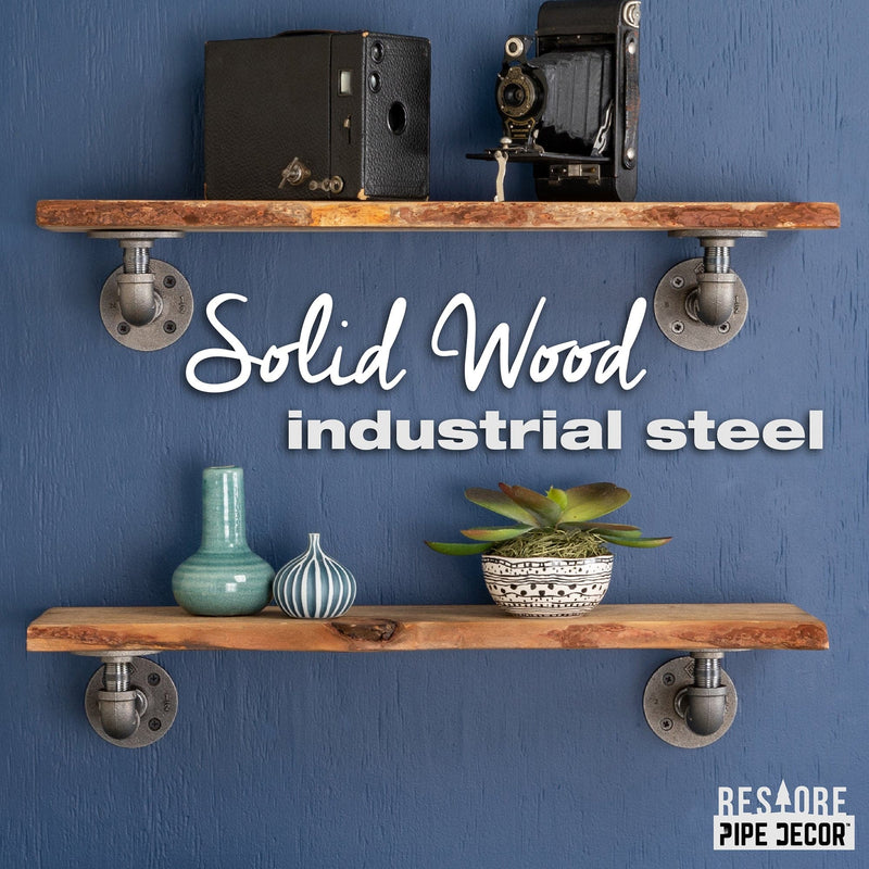 24” Trail Brown Live Edge Wood Shelf with L-Shaped Pipe Brackets (2-Pack)