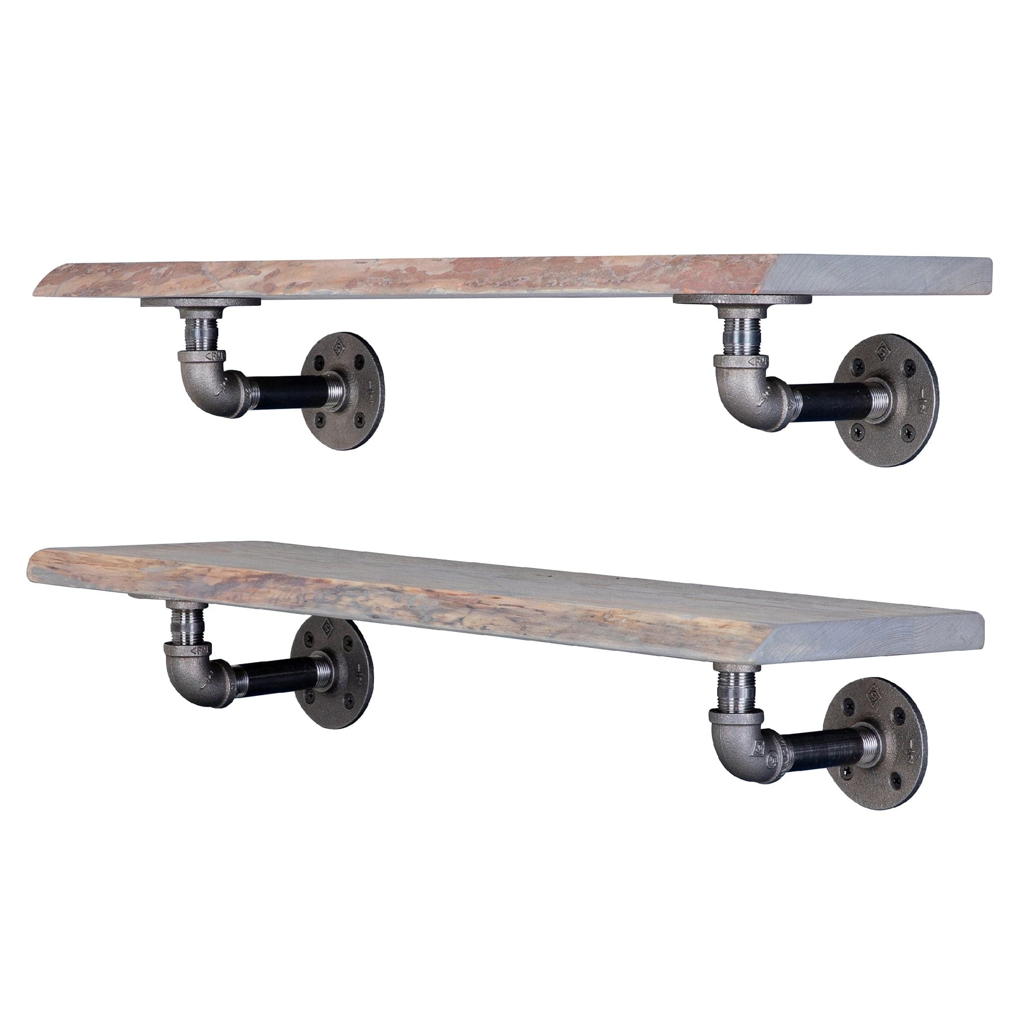 24” Riverstone Grey Live Edge Wood Shelf with L-Shaped Pipe