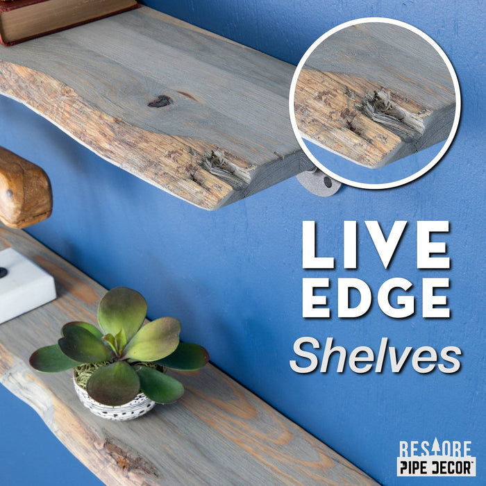 24” Riverstone Grey Live Edge Wood Shelf with L-Shaped Pipe Brackets (2-Pack)