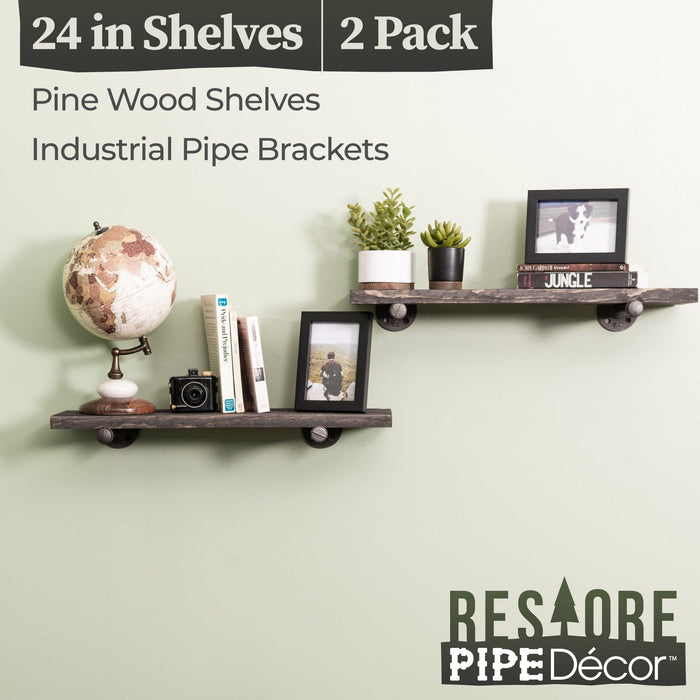 Restore Boulder Black 24 in. Shelves with Straight Brackets - Pipe Decor