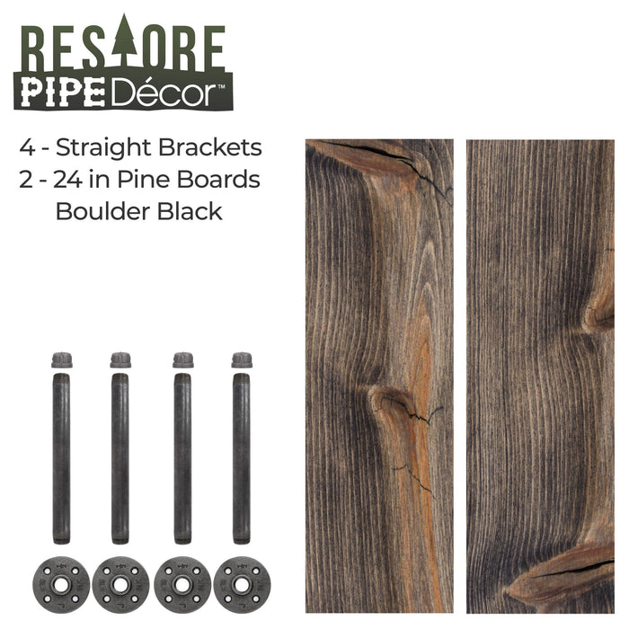 Restore Boulder Black 24 in. Shelves with Straight Brackets - Pipe Decor