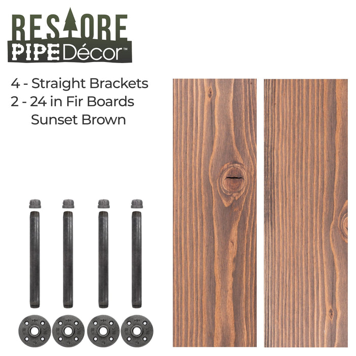 Restore Sunset Brown 24 in. Shelves with Straight Brackets - Pipe Decor