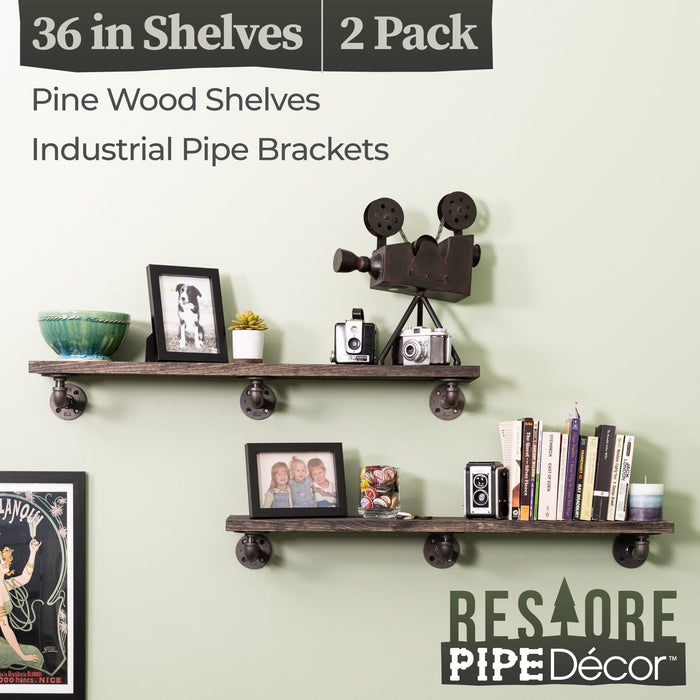 Restore Boulder Black 36 in. Shelves with L-Shaped Brackets - Pipe Decor