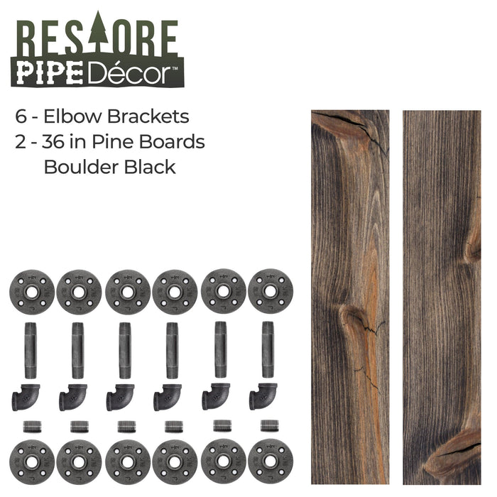 Restore Boulder Black 36 in. Shelves with L-Shaped Brackets - Pipe Decor