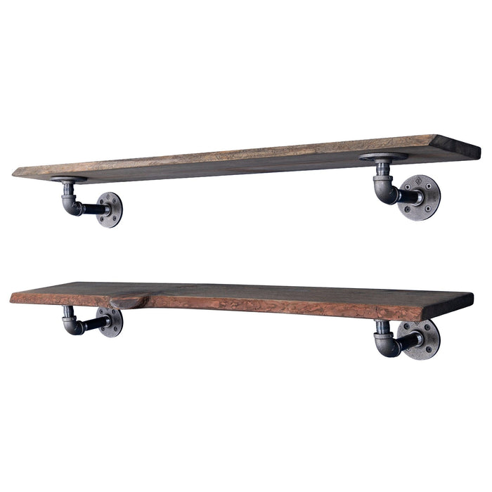 36” Boulder Black Live Edge Wood Shelf with L-Shaped Pipe Brackets (2-Pack)