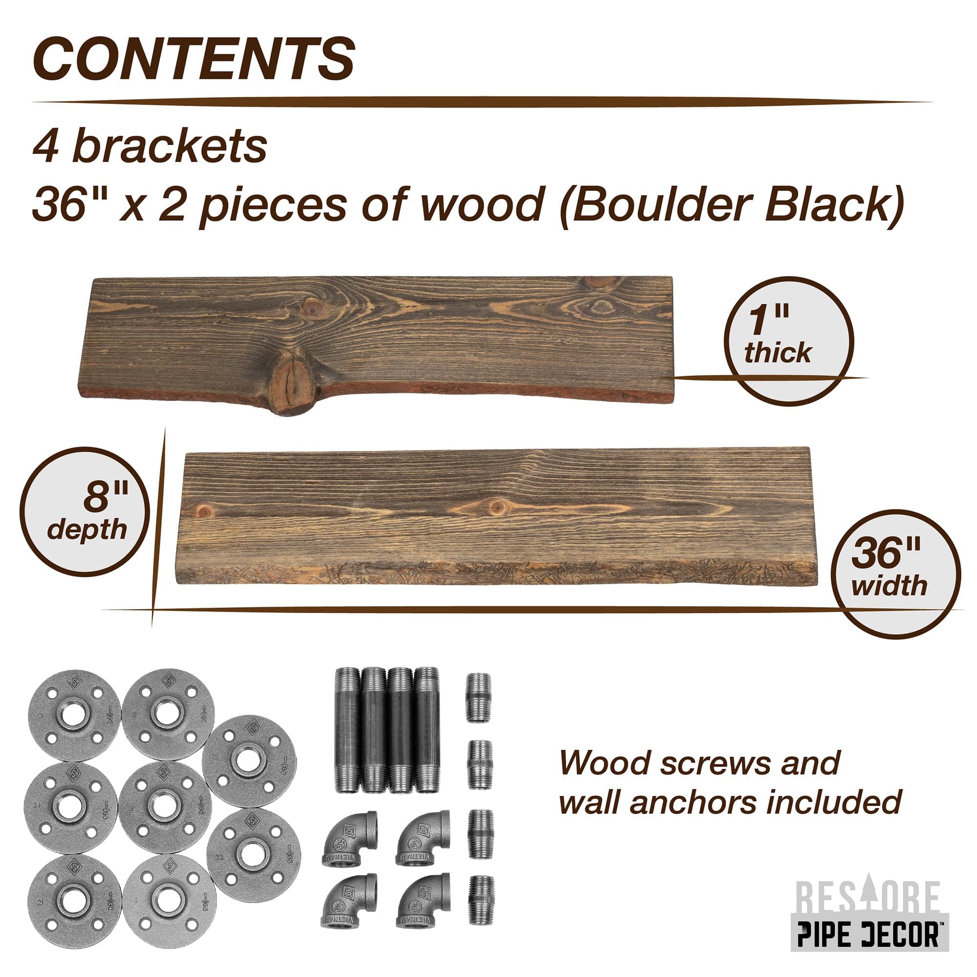 36” Boulder Black Live Edge Wood Shelf with L-Shaped Pipe Brackets (2-Pack) - Thumbnail 4