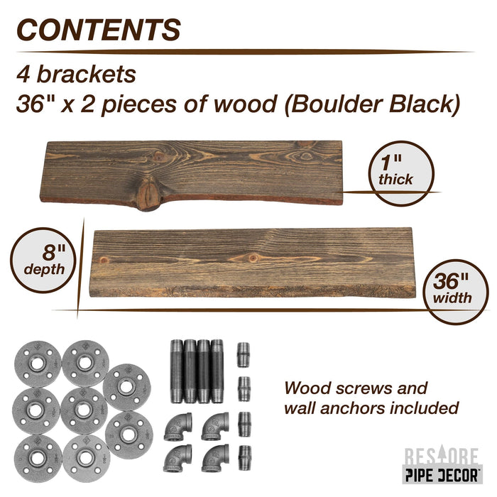 36” Boulder Black Live Edge Wood Shelf with L-Shaped Pipe Brackets (2-Pack)