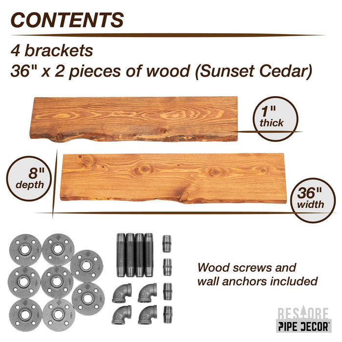 36” Sunset Cedar Live Edge Wood Shelf with L-Shaped Pipe Brackets (2-Pack)
