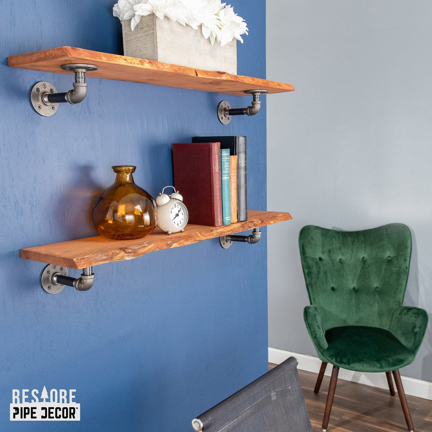 36” Sunset Cedar Live Edge Wood Shelf with LShaped Pipe Brackets (2P