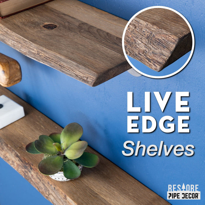 36” Trail Brown Live Edge Wood Shelf with L-Shaped Pipe Brackets (2-Pack)