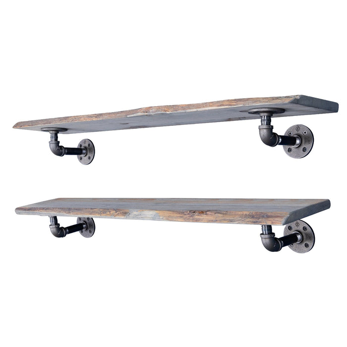 36” Riverstone Grey Live Edge Wood Shelf with L-Shaped Pipe Brackets (2-Pack)