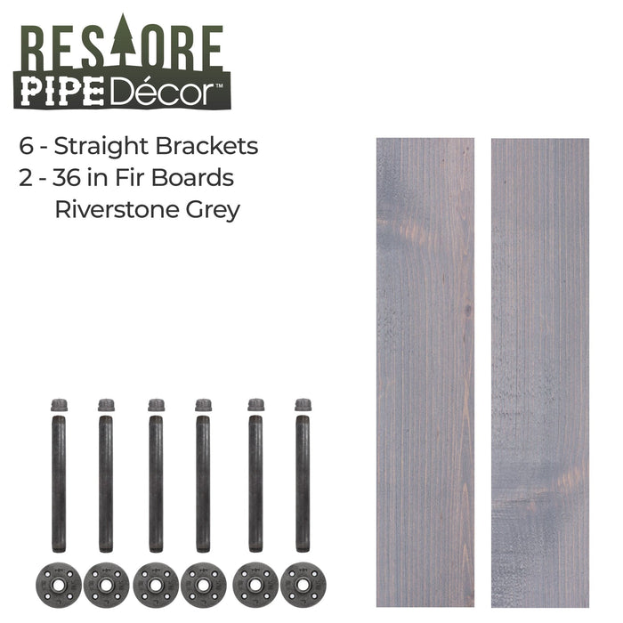Restore Riverstone Grey 36 in. Shelves with Straight Brackets - Pipe Decor