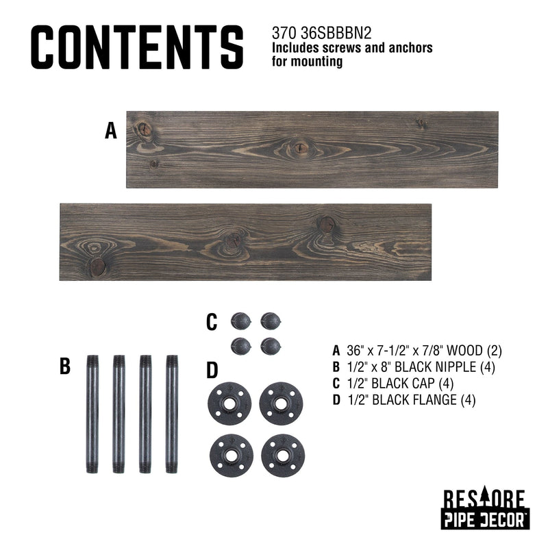 Pipe Decor Shelf Product Content Includes screws and anchors for mounting
