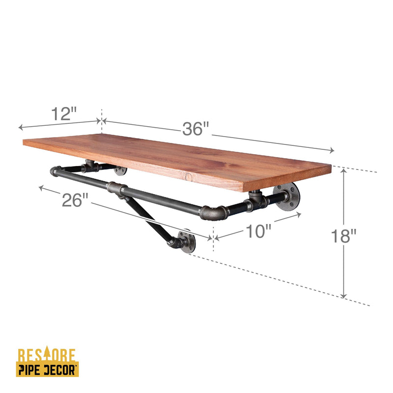 Perchero de pared de 36 pulgadas con estante de madera, color cedro al atardecer
