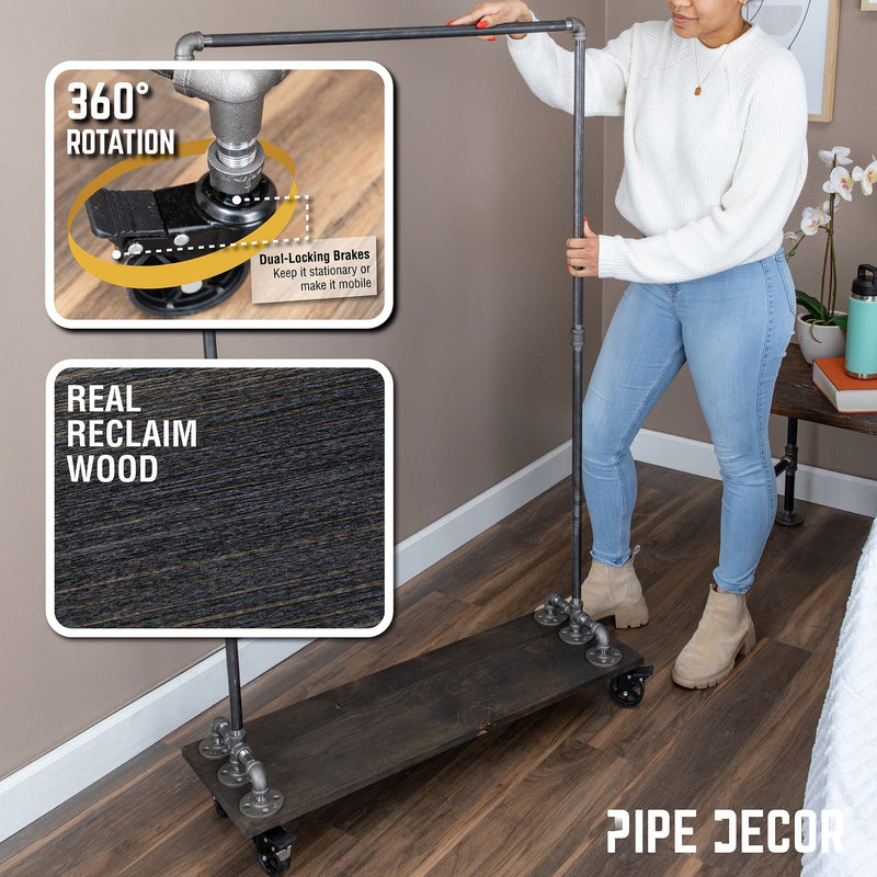 Perchero rodante de una sola barra con estante de madera de 59 ½ pulgadas, color negro Boulder