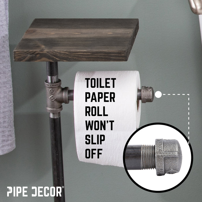 28 in. Freestanding Pipe Toilet Paper Holder with Wood Shelf, Boulder Black