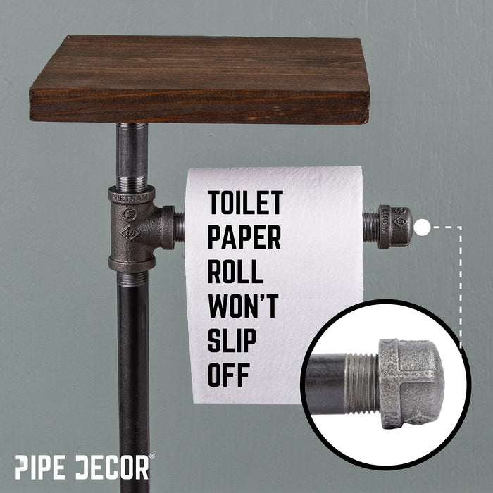 28 in. Freestanding Pipe Toilet Paper Holder with Wood Shelf, Trail Brown