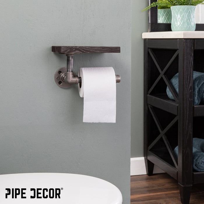 6 in. Wall-Mounted Pipe Toilet Paper Holder with Wood Shelf, Boulder Black