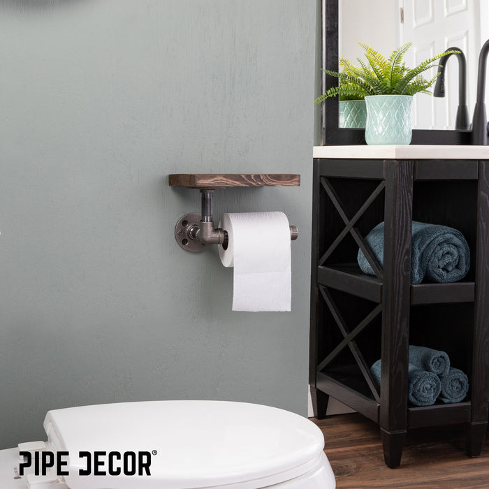 6 in. Wall-Mounted Pipe Toilet Paper Holder with Wood Shelf, Trail Brown
