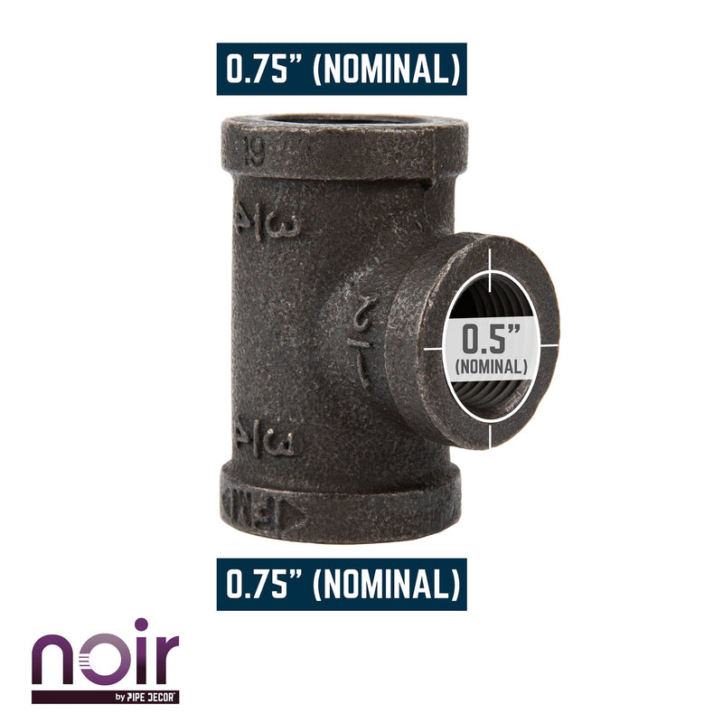 Tee reductora negra mate preacabada de 3/4 pulg. x 3/4 pulg. x 1/2 pulg.